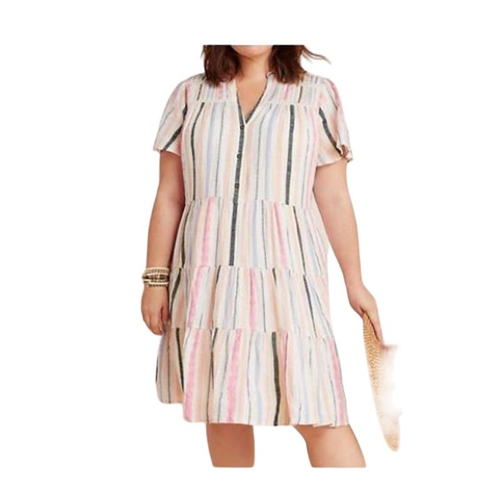 Anthropologie Georgina  Cotton Tiered‎ Shirtdress  Size S White Pink